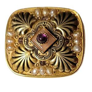 Michal Golan Gold Tone Faux Pearl Cab Square Embellished Brooch Pendant, M38